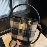 Korean-style Niche Vintage Suede Plaid Tote Bucket Bag