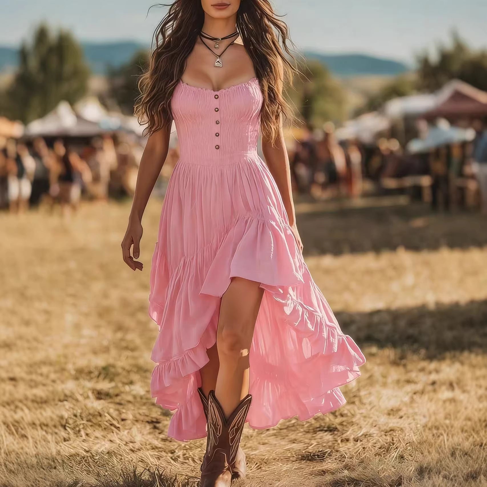 Bohemian-style Dress With An Asymmetrical Ruffled Hem