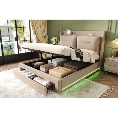 Upholstered Bed, 135x190 4ft6, Double Bed, Hydraulic Bed, 2-in-1 Storage Drawers At The End Of The Bed, Recessed LED Light Strips On Both Sides Of The Bed, Slatted Frame, Velvet,Beige