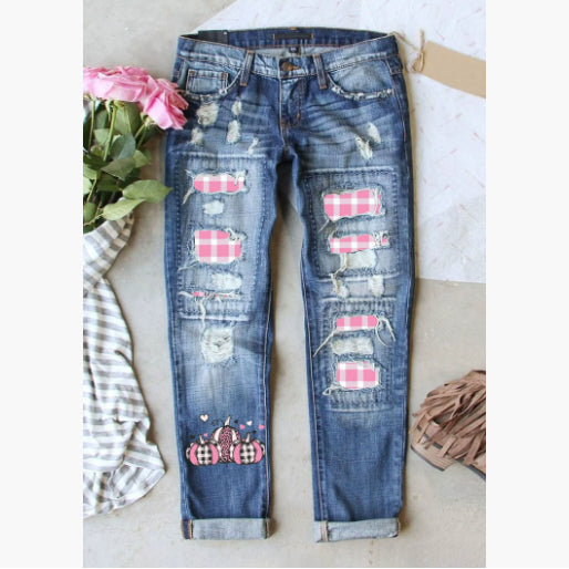 Ladies Ripped Plaid Ladies Jeans Trousers