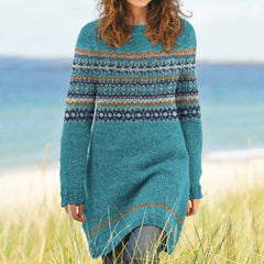 Womens Printed Chunky-Knit Fabric Long-Sleeve Dress