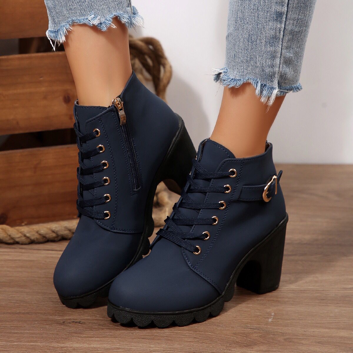 Womens Cross-Tie Chunky-Heel Ankle Boots