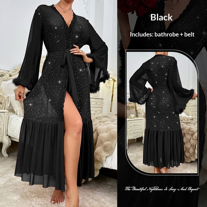 Womens Long-sleeve Velvet Sequin Dress-style Pajamas