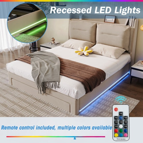 Upholstered Bed, 135x190 4ft6, Double Bed, Hydraulic Bed, 2-in-1 Storage Drawers At The End Of The Bed, Recessed LED Light Strips On Both Sides Of The Bed, Slatted Frame, Velvet,Beige