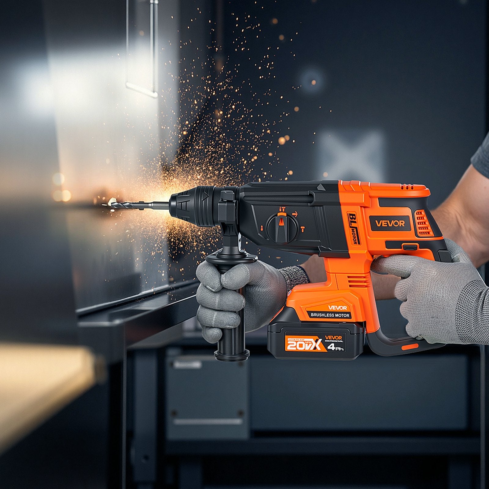 20V SDS-Plus Brushless Cordless Rotary Hammer Drill Kit 1 In 1200RPM 4 Functions