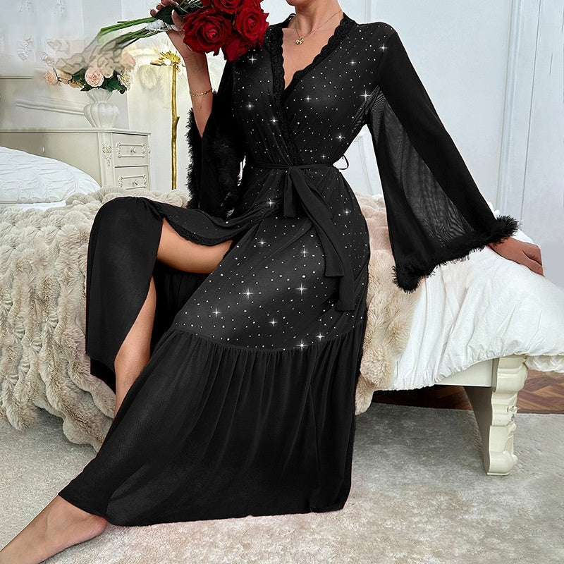Womens Long-sleeve Velvet Sequin Dress-style Pajamas