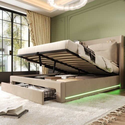 Upholstered Bed, 135x190 4ft6, Double Bed, Hydraulic Bed, 2-in-1 Storage Drawers At The End Of The Bed, Recessed LED Light Strips On Both Sides Of The Bed, Slatted Frame, Velvet,Beige