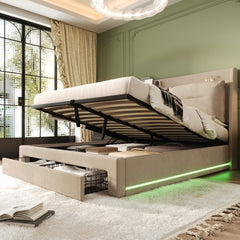 Upholstered Bed, 135x190 4ft6, Double Bed, Hydraulic Bed, 2-in-1 Storage Drawers At The End Of The Bed, Recessed LED Light Strips On Both Sides Of The Bed, Slatted Frame, Velvet,Beige