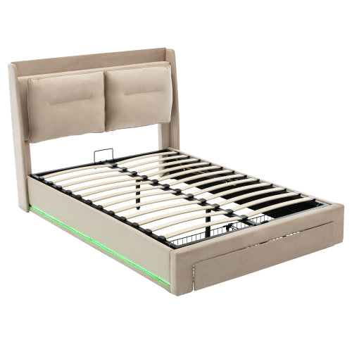 Upholstered Bed, 135x190 4ft6, Double Bed, Hydraulic Bed, 2-in-1 Storage Drawers At The End Of The Bed, Recessed LED Light Strips On Both Sides Of The Bed, Slatted Frame, Velvet,Beige