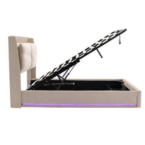 Upholstered Bed, 135x190 4ft6, Double Bed, Hydraulic Bed, 2-in-1 Storage Drawers At The End Of The Bed, Recessed LED Light Strips On Both Sides Of The Bed, Slatted Frame, Velvet,Beige