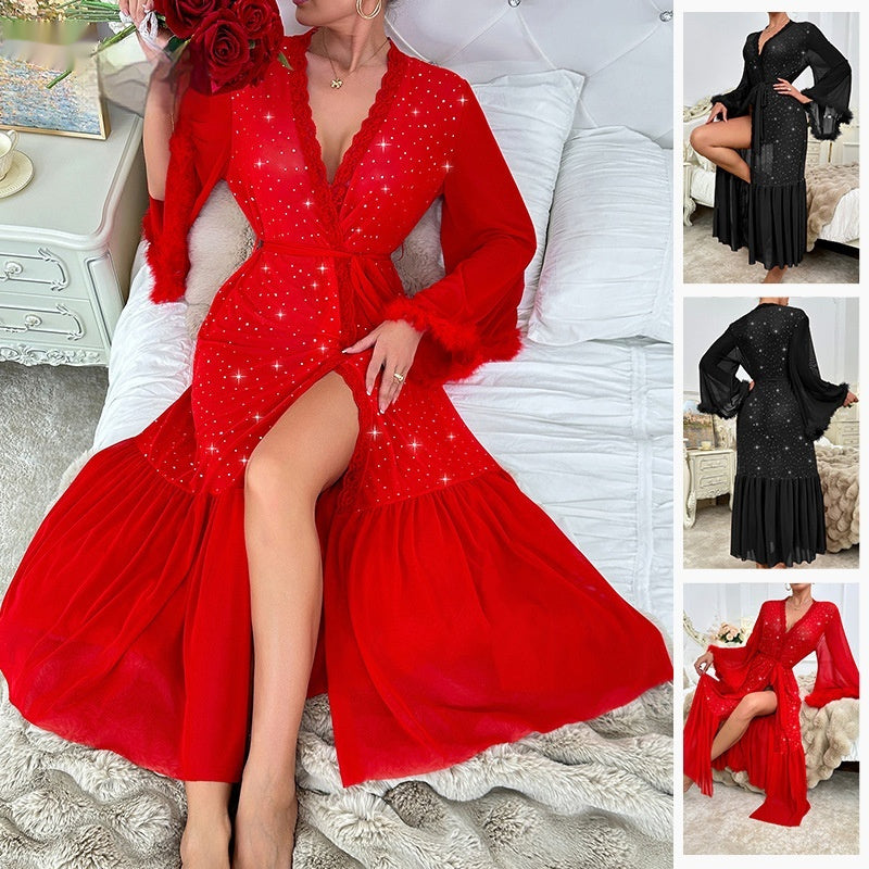 Womens Long-sleeve Velvet Sequin Dress-style Pajamas