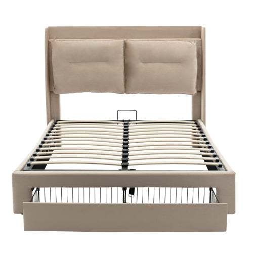 Upholstered Bed, 135x190 4ft6, Double Bed, Hydraulic Bed, 2-in-1 Storage Drawers At The End Of The Bed, Recessed LED Light Strips On Both Sides Of The Bed, Slatted Frame, Velvet,Beige