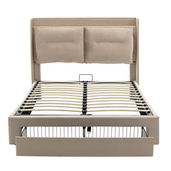Upholstered Bed, 135x190 4ft6, Double Bed, Hydraulic Bed, 2-in-1 Storage Drawers At The End Of The Bed, Recessed LED Light Strips On Both Sides Of The Bed, Slatted Frame, Velvet,Beige