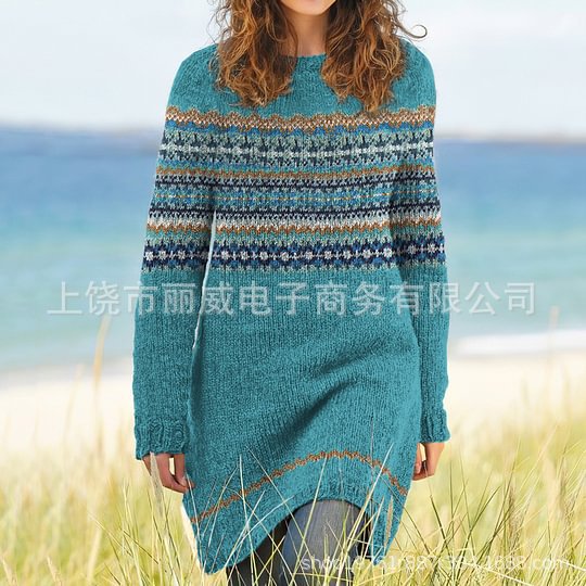 Womens Printed Chunky-Knit Fabric Long-Sleeve Dress