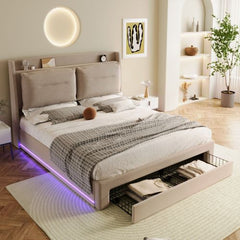 Upholstered Bed, 135x190 4ft6, Double Bed, Hydraulic Bed, 2-in-1 Storage Drawers At The End Of The Bed, Recessed LED Light Strips On Both Sides Of The Bed, Slatted Frame, Velvet,Beige